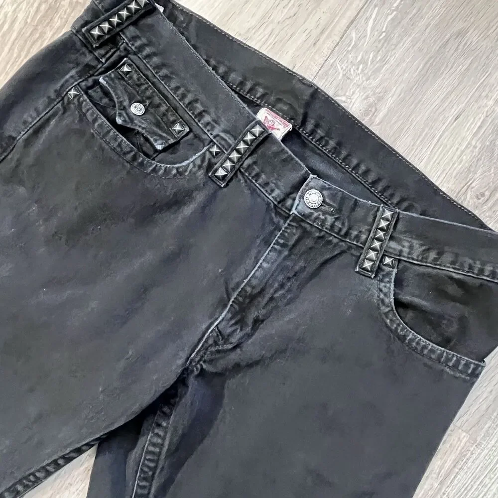 True Religion Mens 40x33 Black Denim Coin Pocket Straight Leg Jeans Rivets